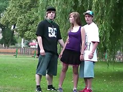 Young teen in public threesome on the street with her school mates